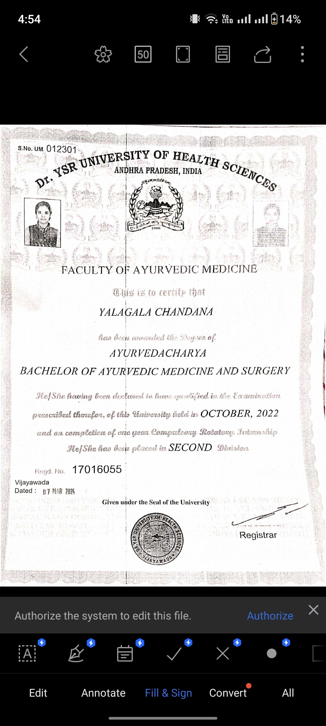 Ayurvedic doctor's certificate