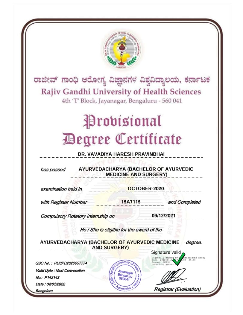 Ayurvedic doctor's certificate