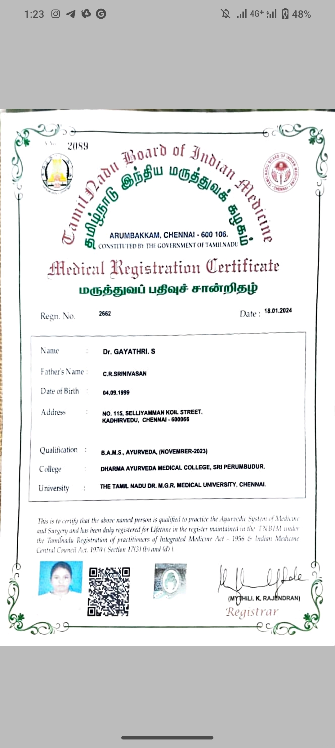 Ayurvedic doctor's certificate
