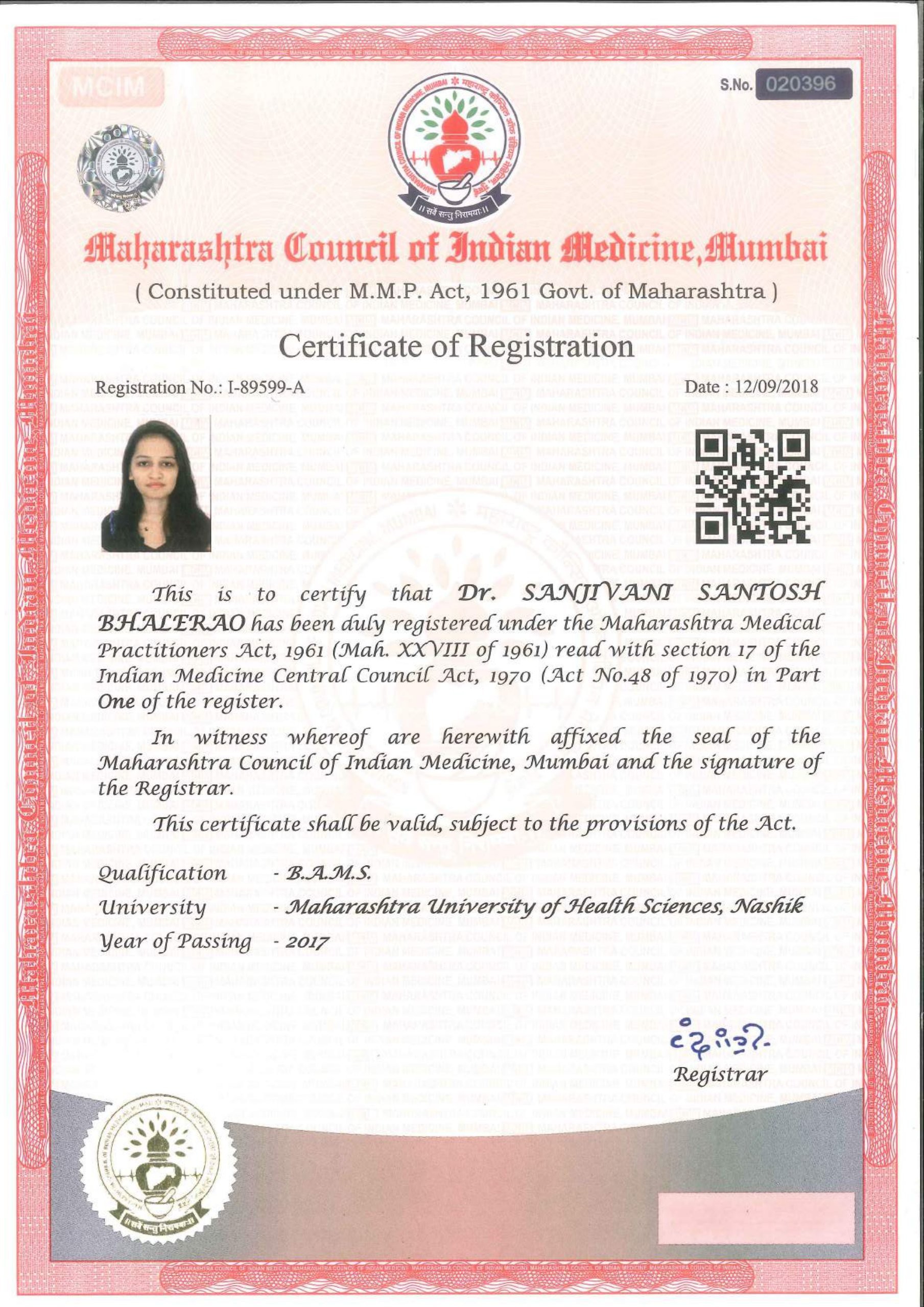 Ayurvedic doctor's certificate