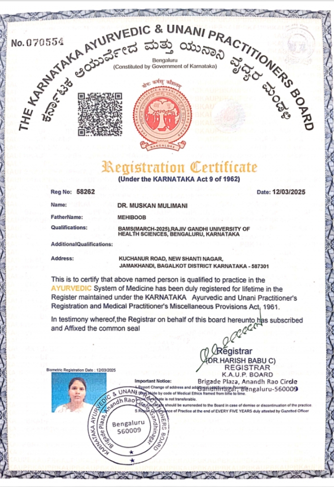 Ayurvedic doctor's certificate