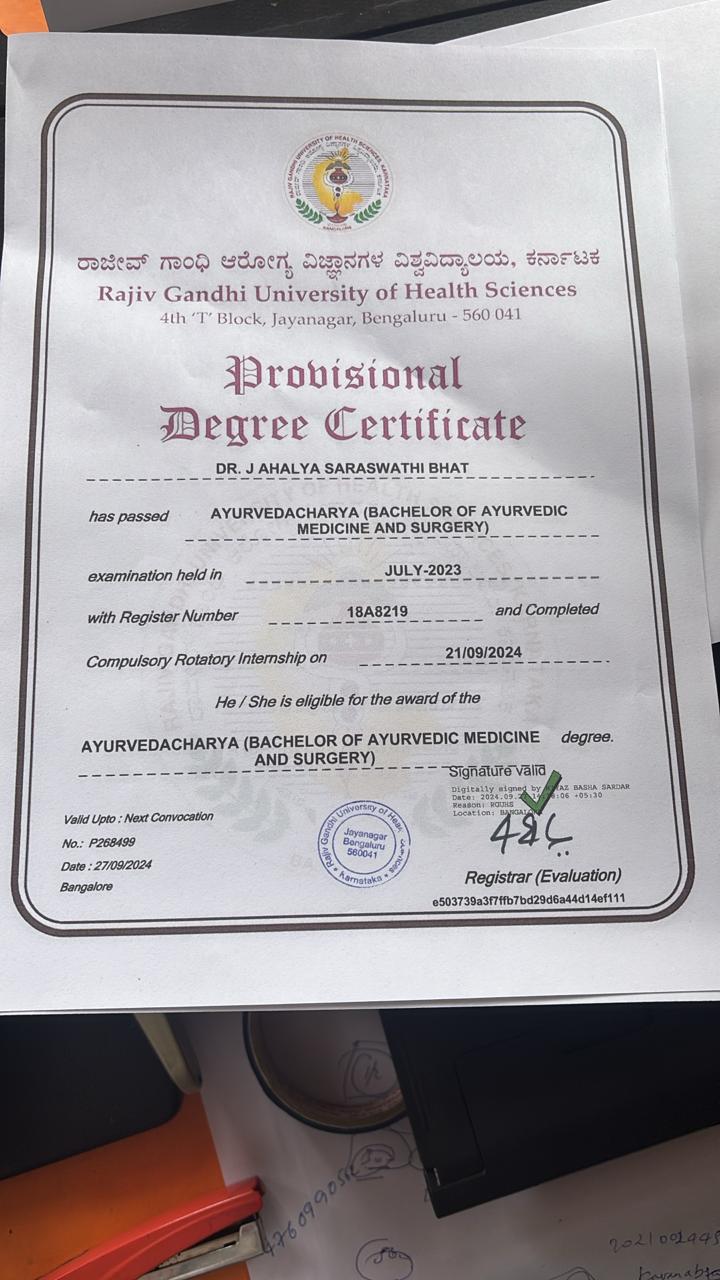 Ayurvedic doctor's certificate