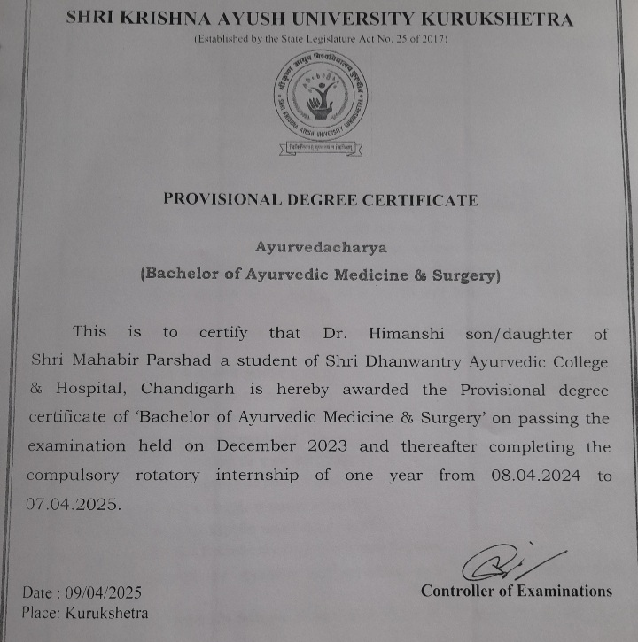 Ayurvedic doctor's certificate