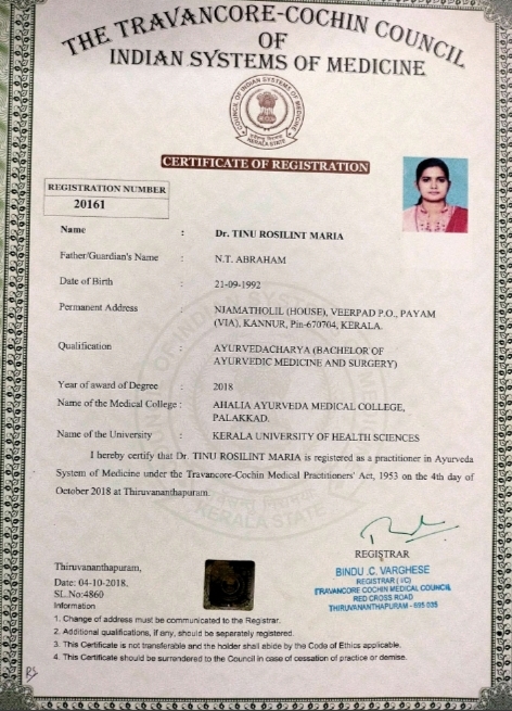 Ayurvedic doctor's certificate