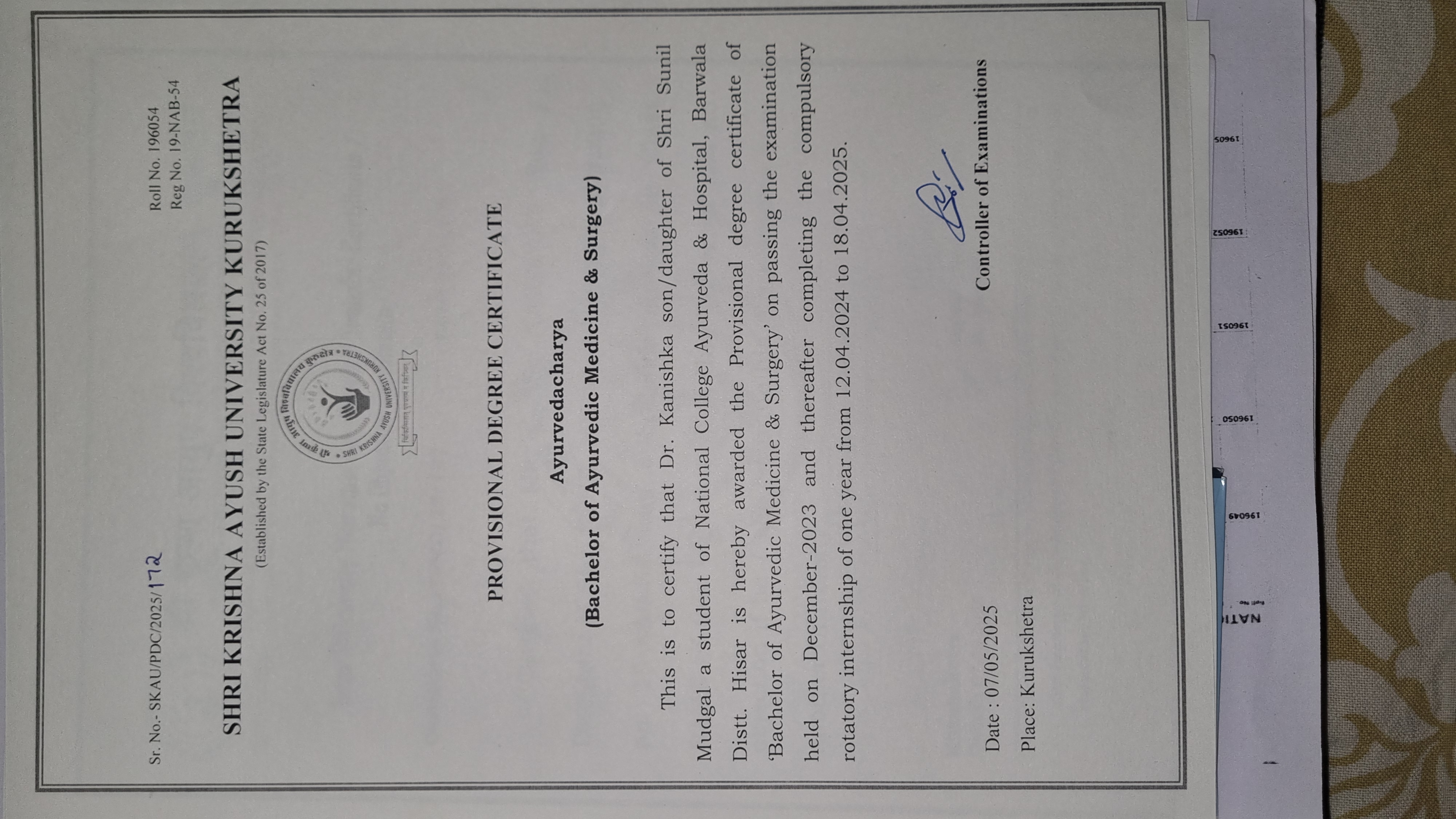 Ayurvedic doctor's certificate