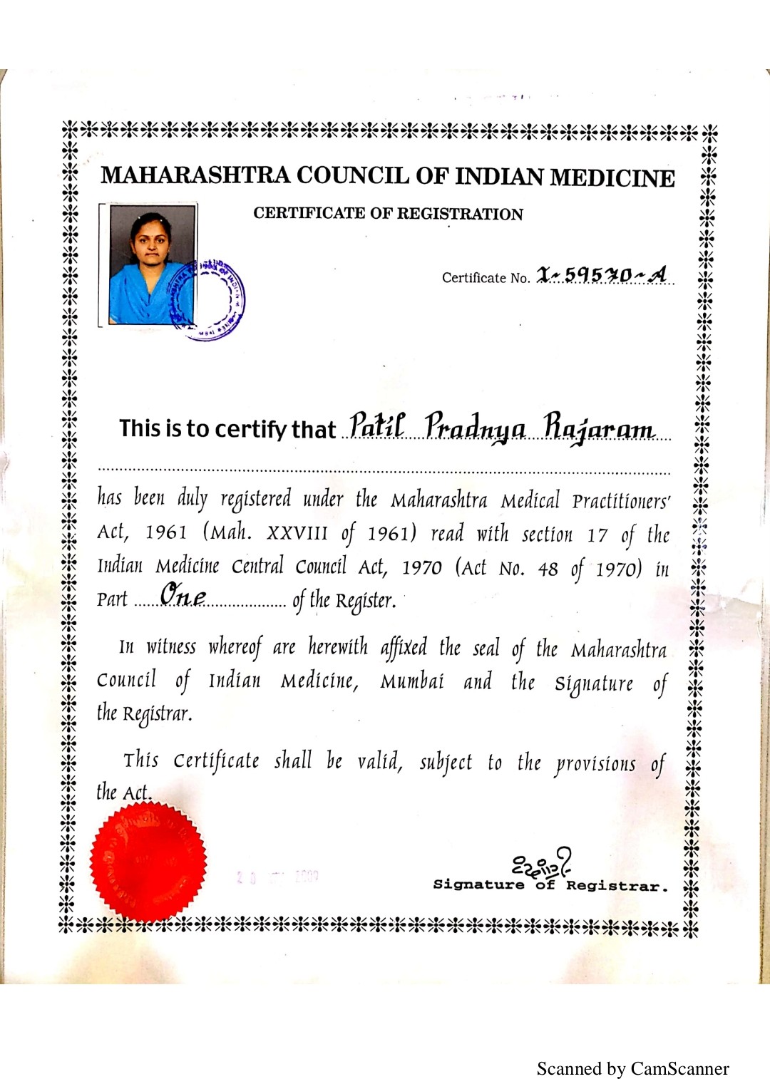 Ayurvedic doctor's certificate