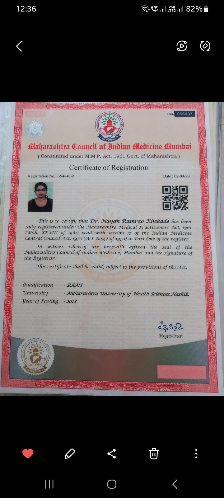 Ayurvedic doctor's certificate