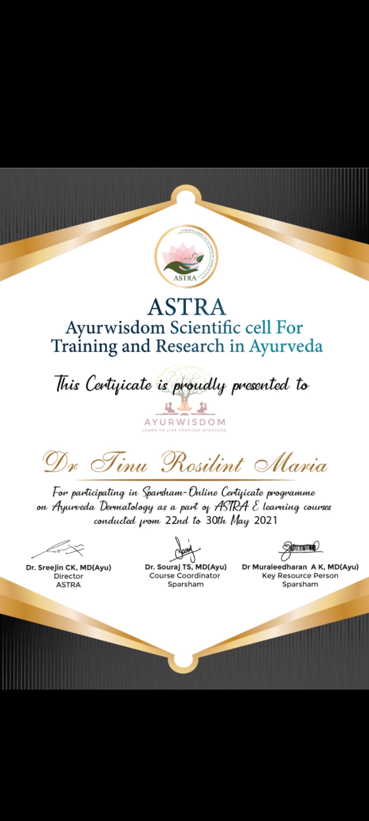 Ayurvedic doctor's certificate