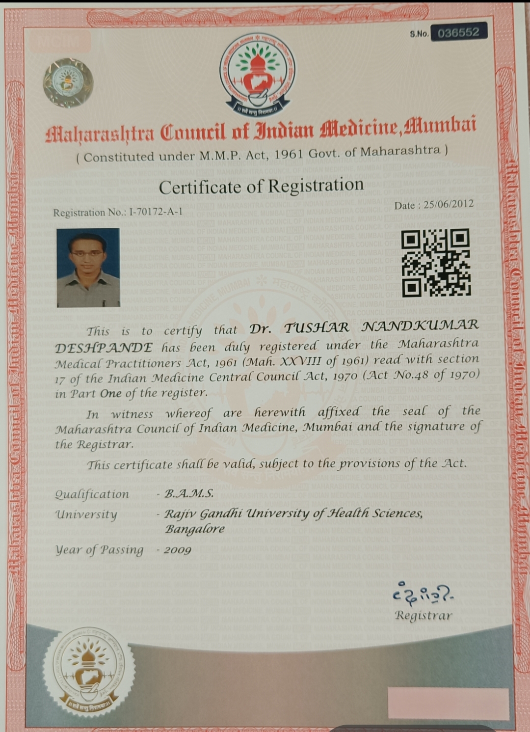 Ayurvedic doctor's certificate