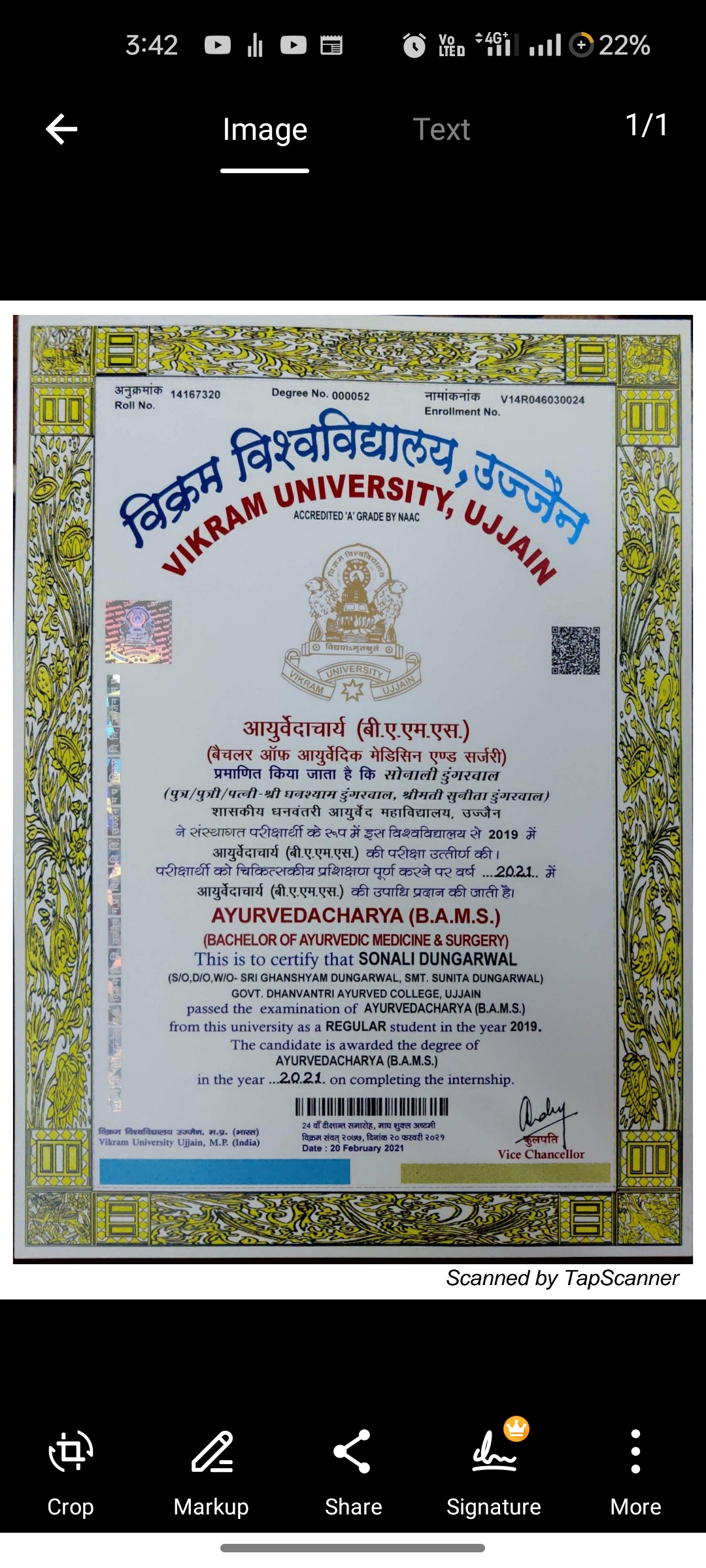 Ayurvedic doctor's certificate