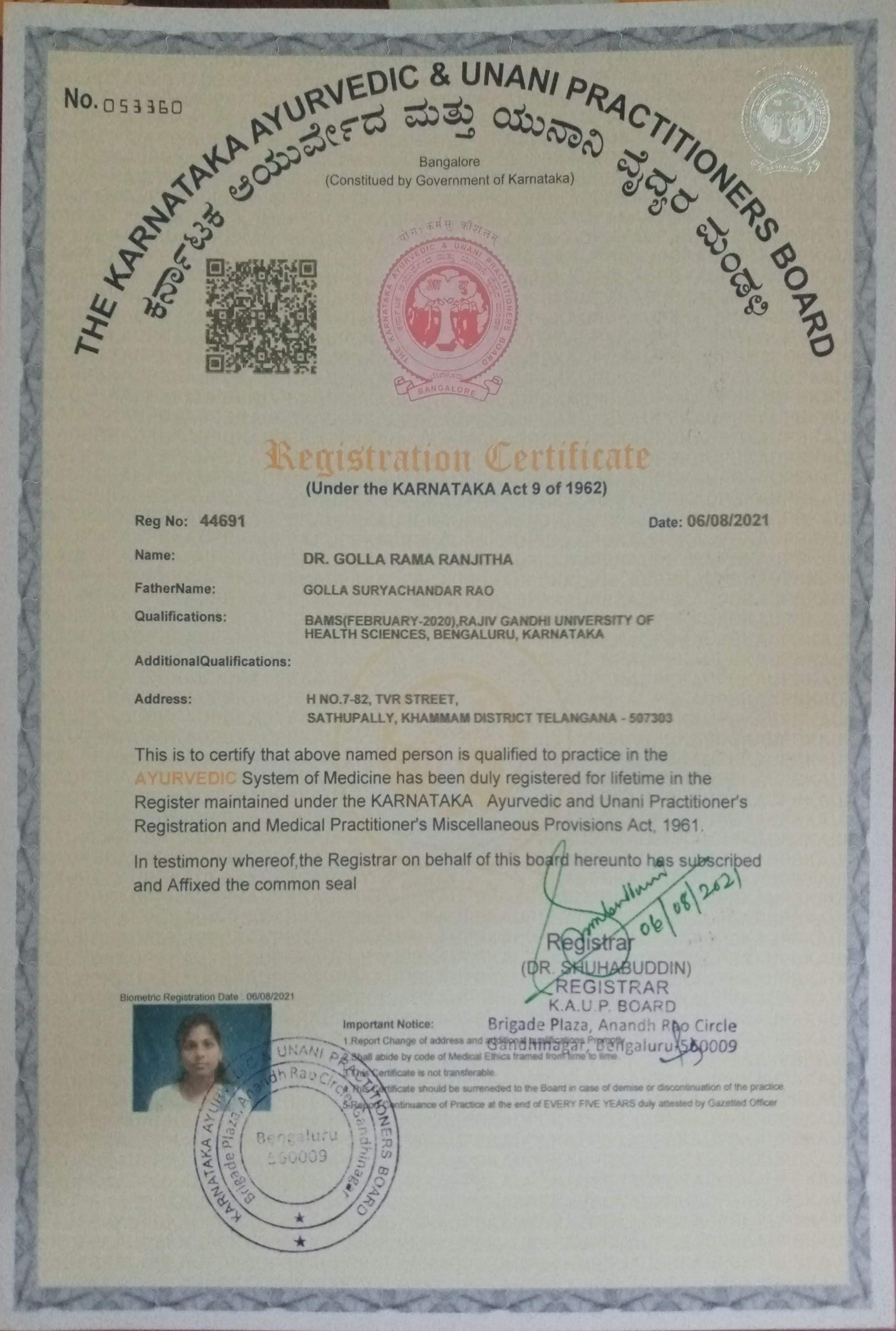 Ayurvedic doctor's certificate