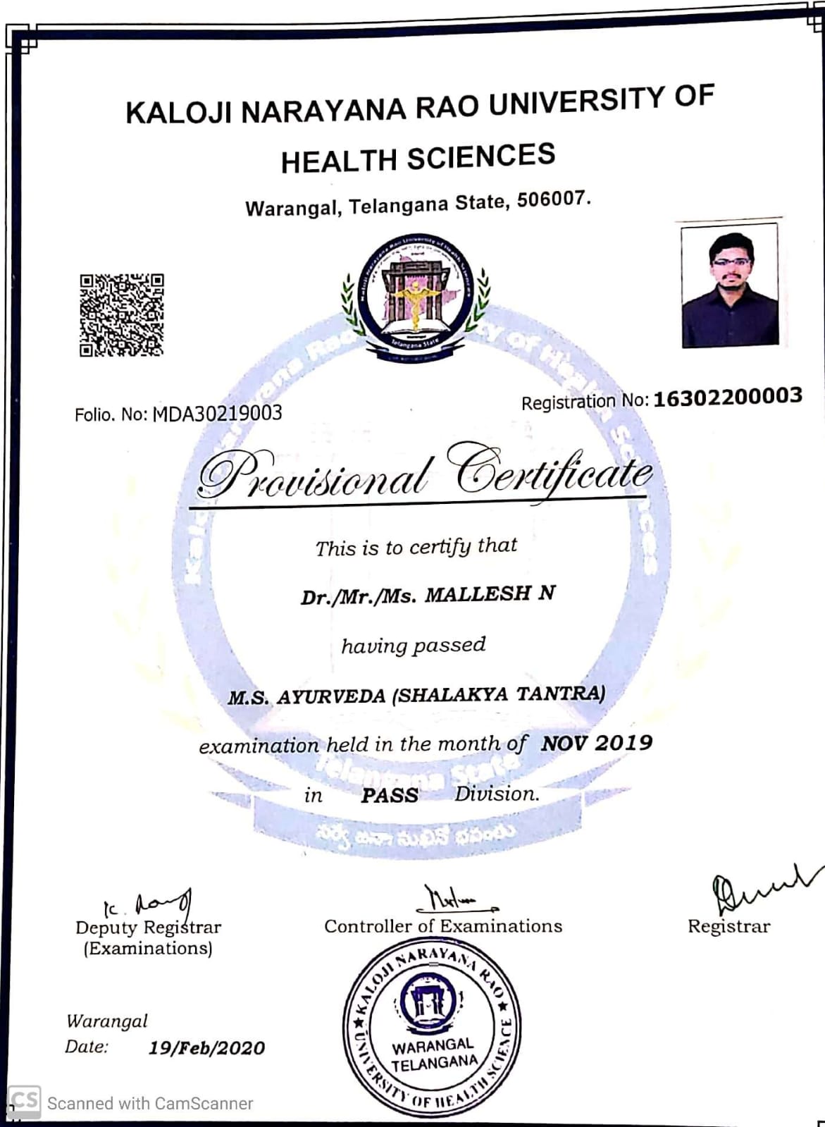 Ayurvedic doctor's certificate
