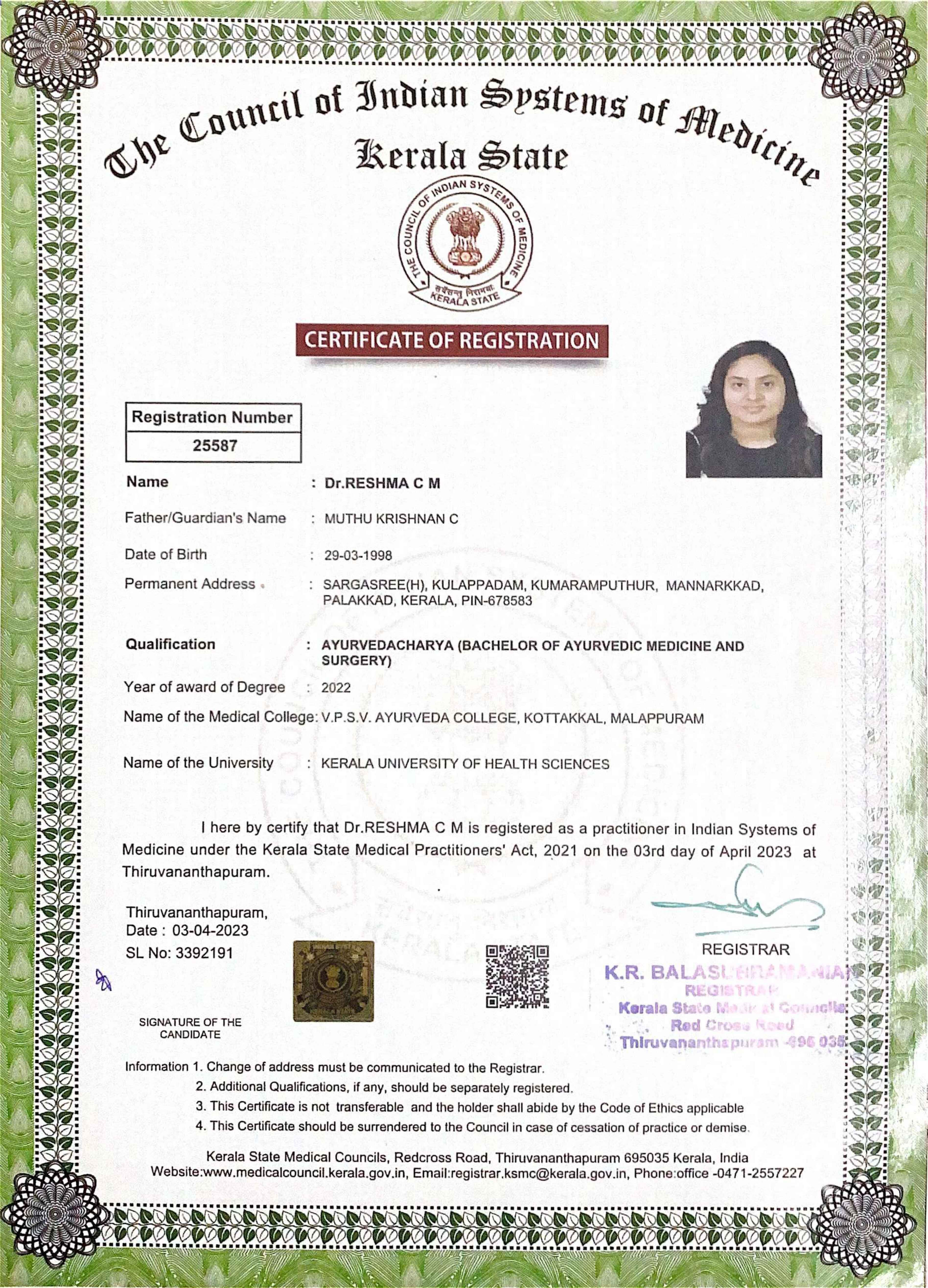 Ayurvedic doctor's certificate