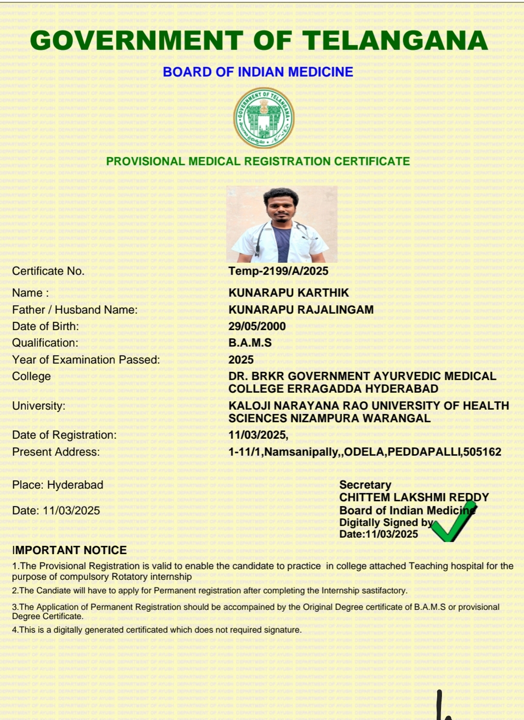 Ayurvedic doctor's certificate