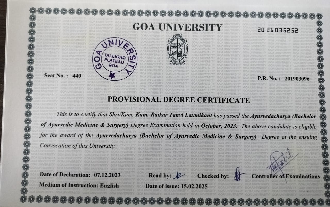 Ayurvedic doctor's certificate