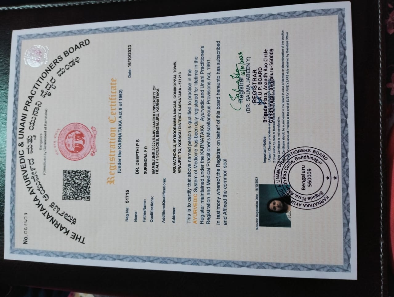 Ayurvedic doctor's certificate