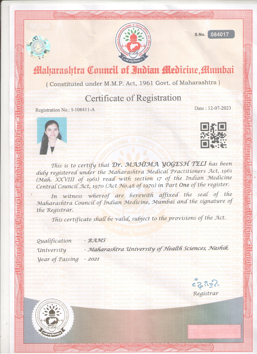 Ayurvedic doctor's certificate