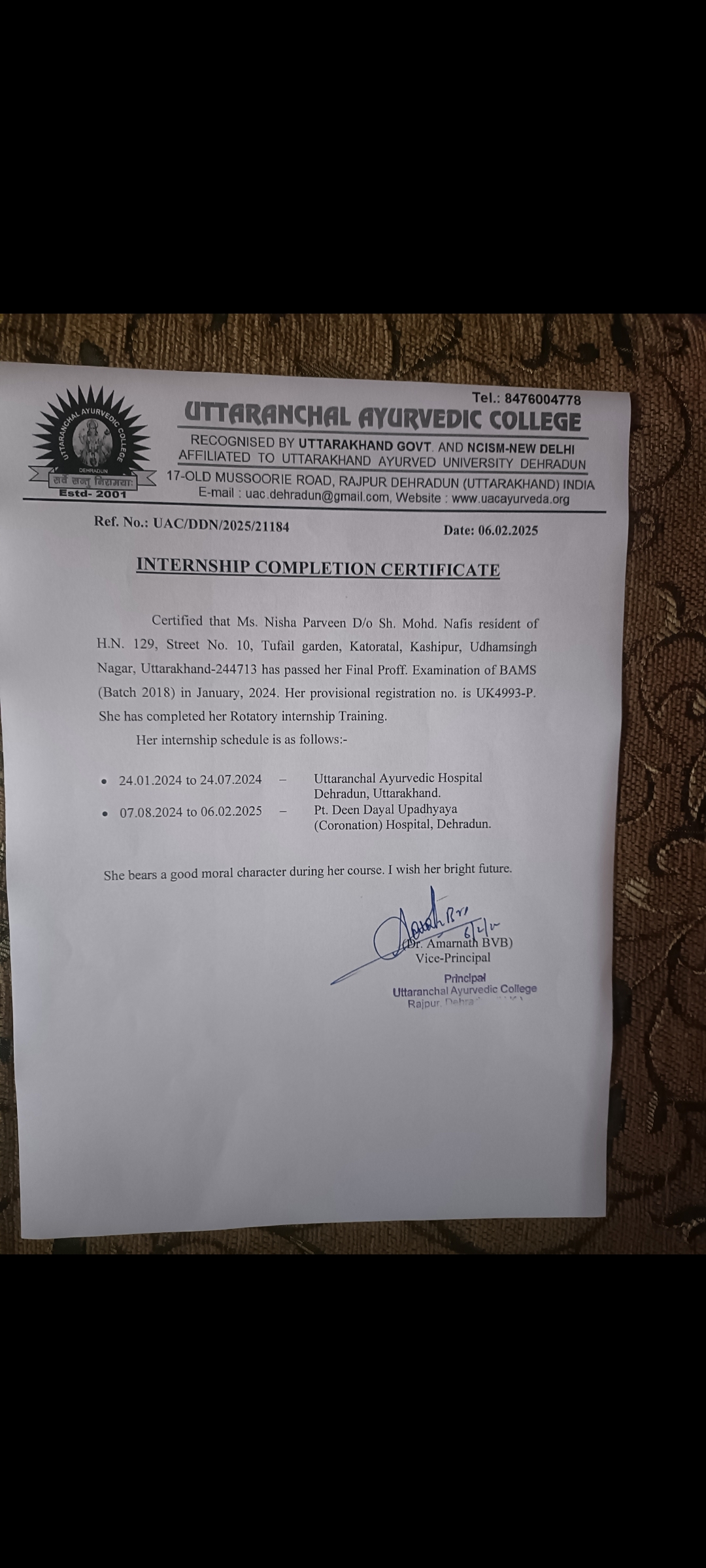 Ayurvedic doctor's certificate