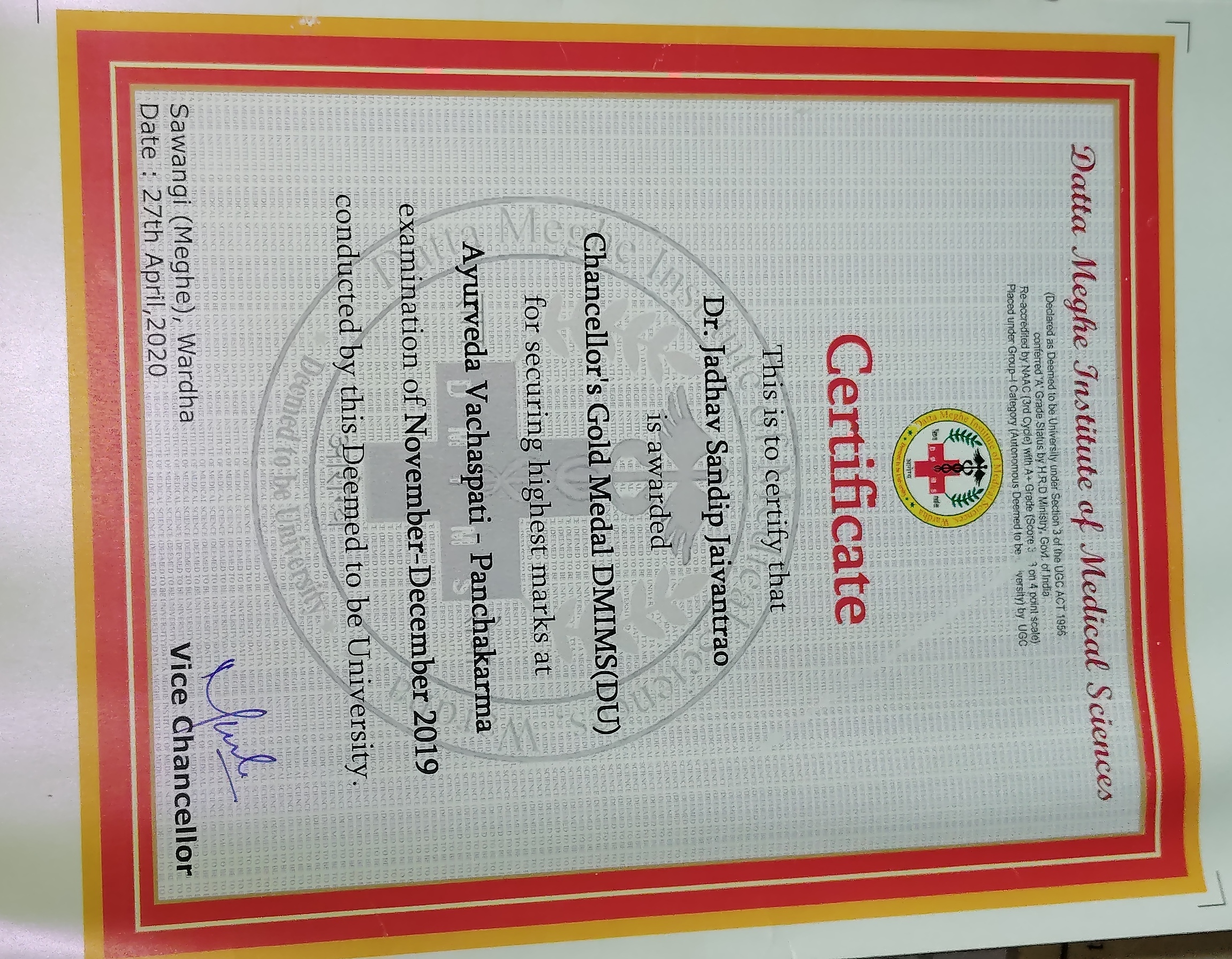 Ayurvedic doctor's certificate