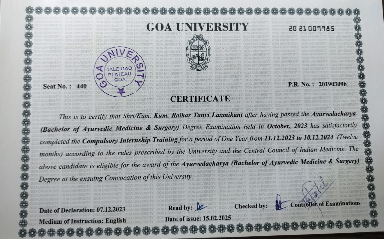 Ayurvedic doctor's certificate
