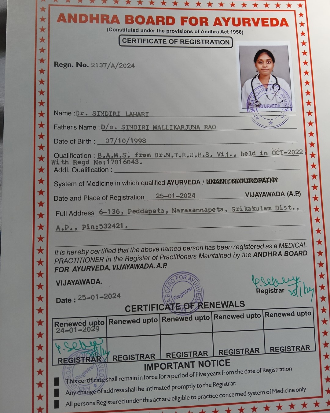 Ayurvedic doctor's certificate