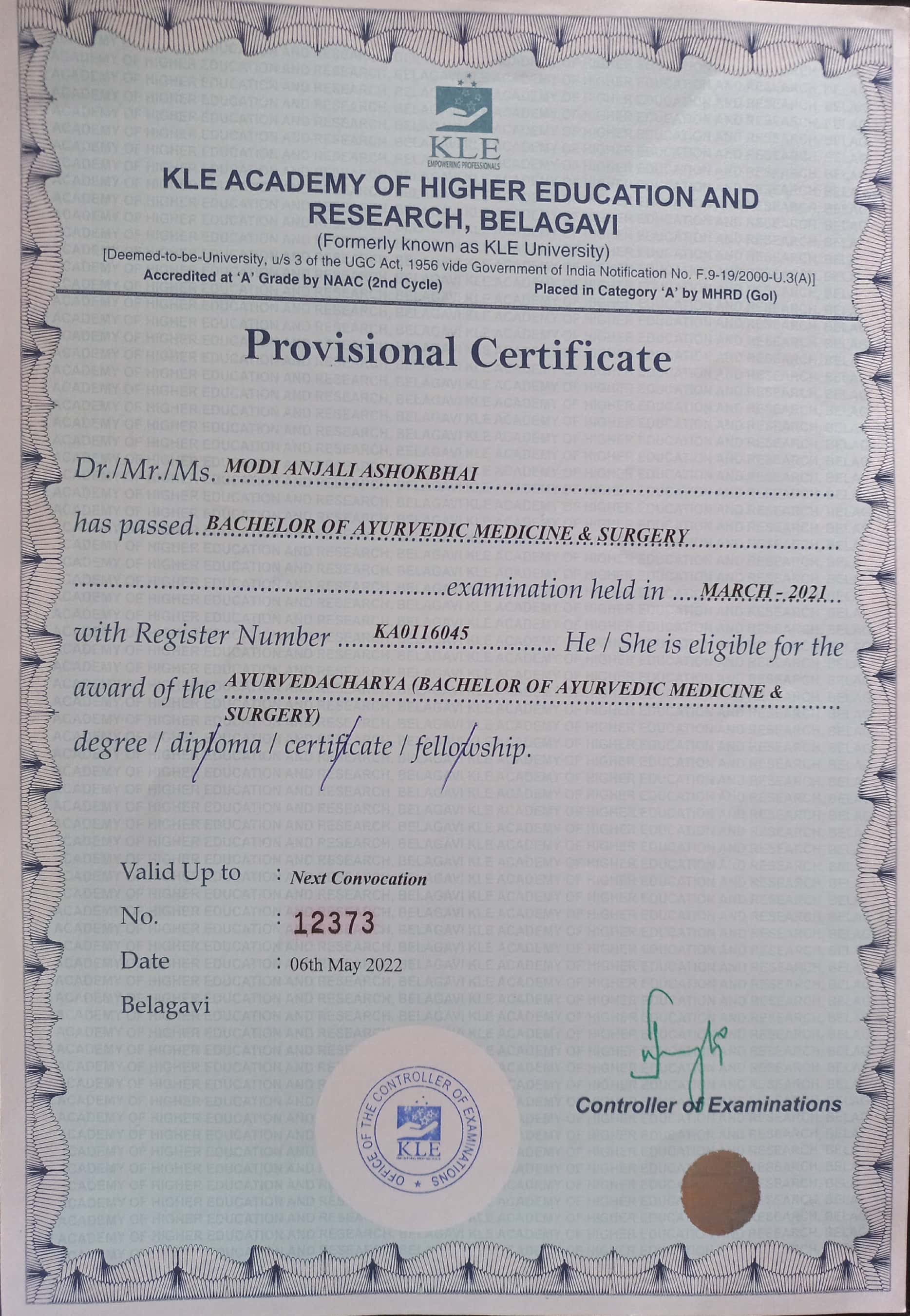Ayurvedic doctor's certificate