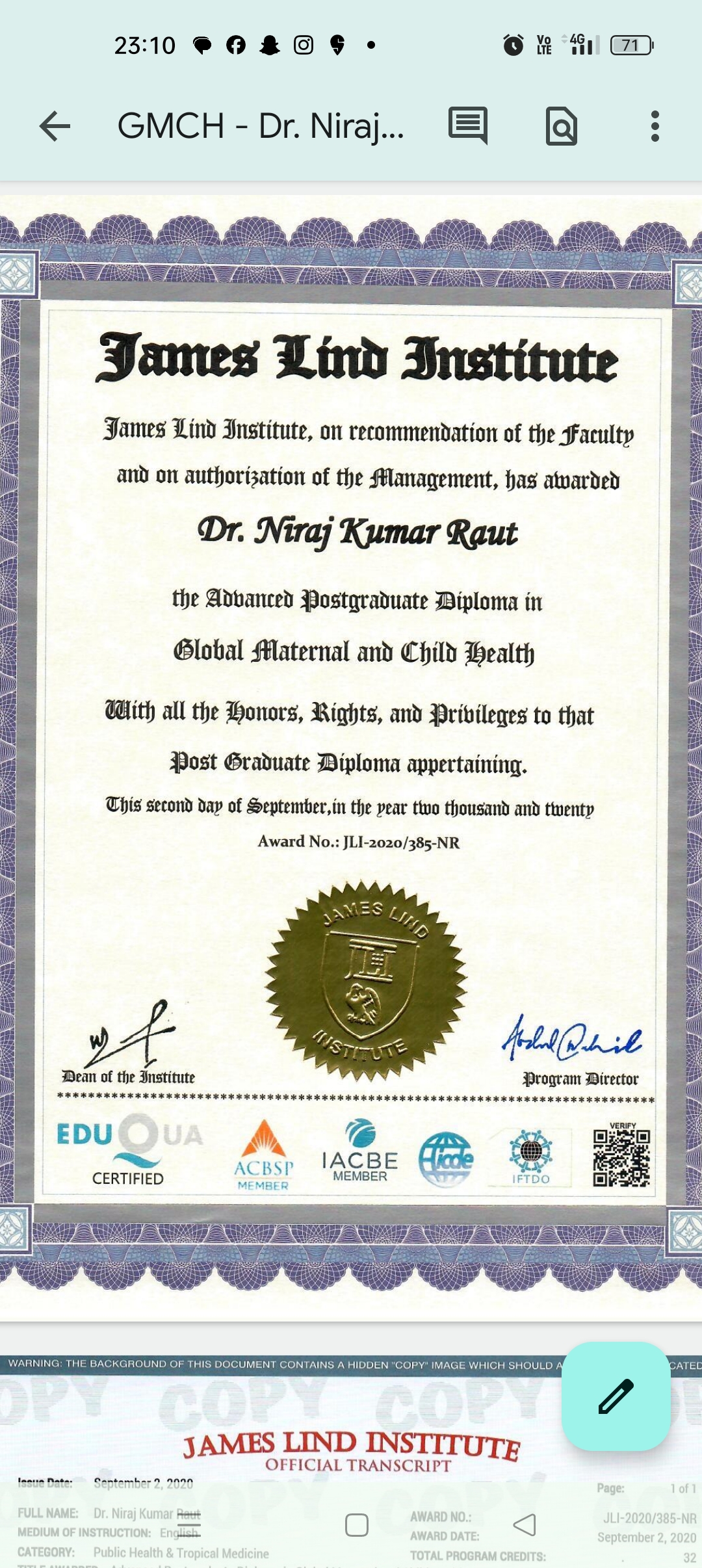 Ayurvedic doctor's certificate