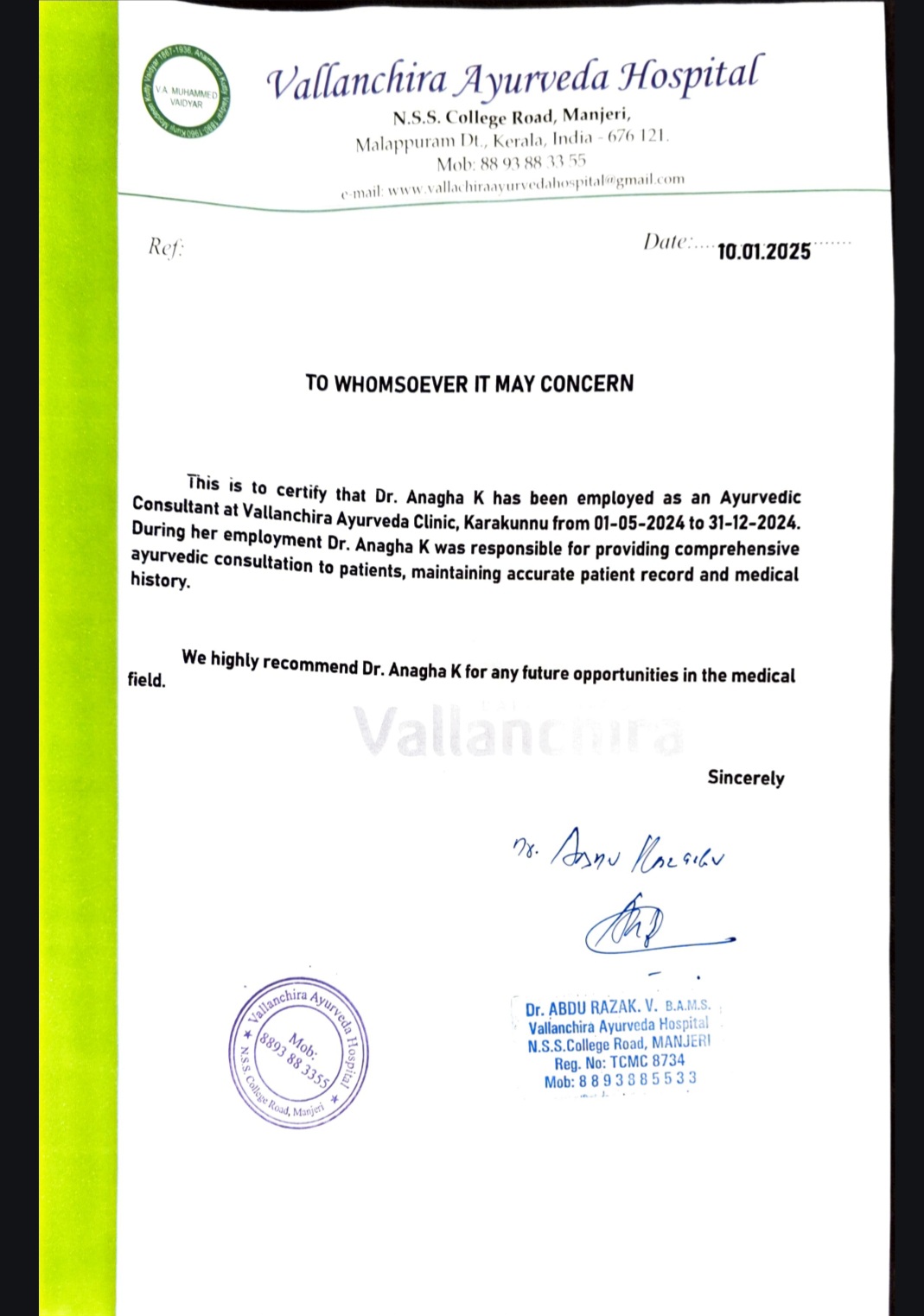 Ayurvedic doctor's certificate