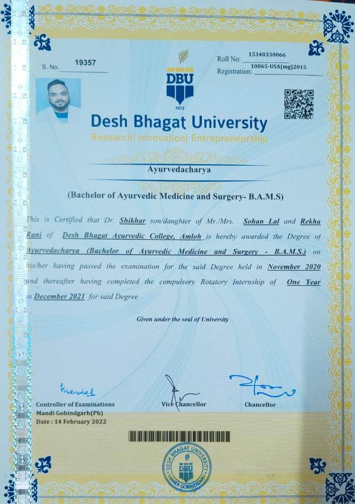 Ayurvedic doctor's certificate
