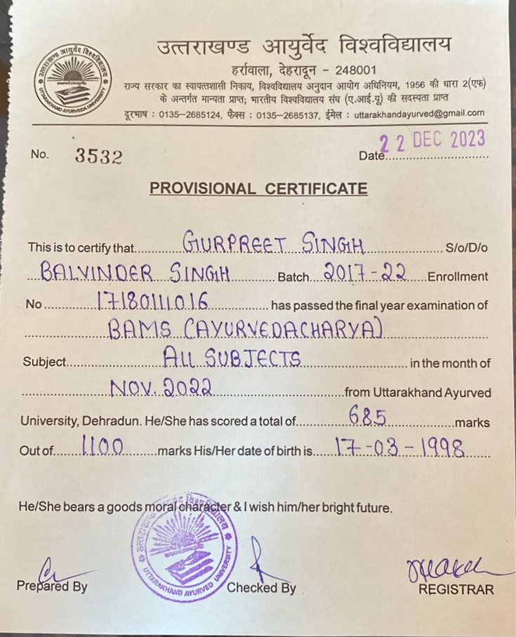 Ayurvedic doctor's certificate