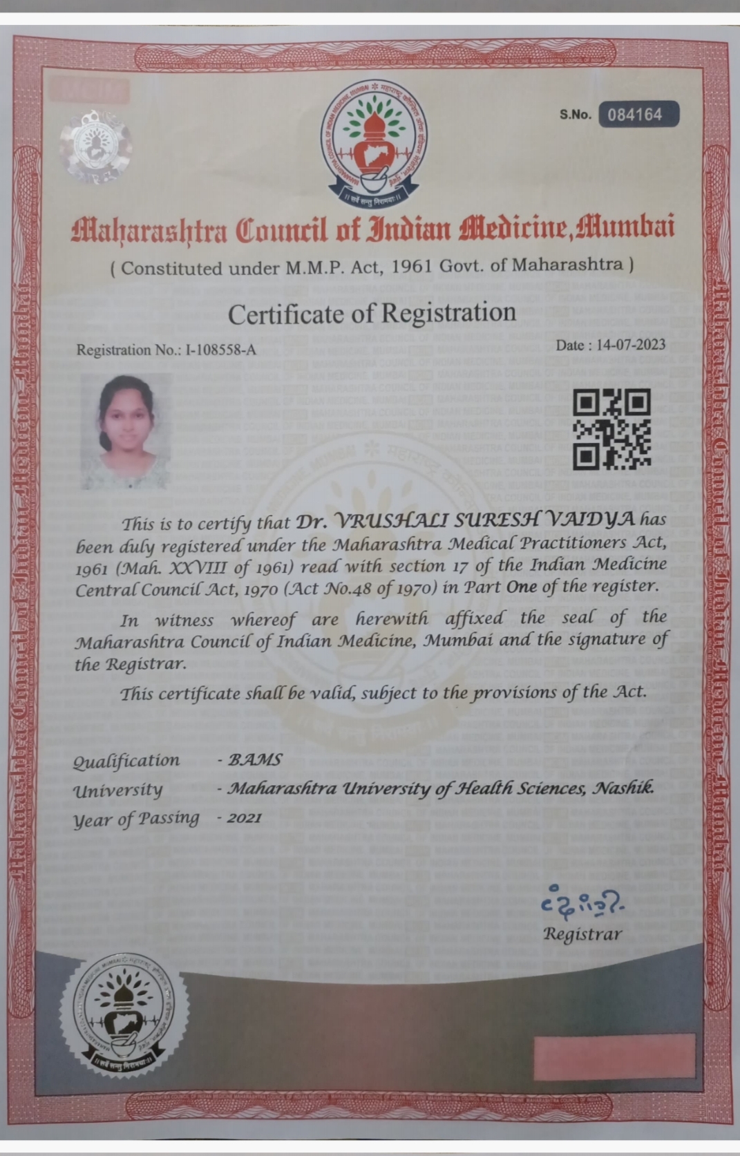 Ayurvedic doctor's certificate