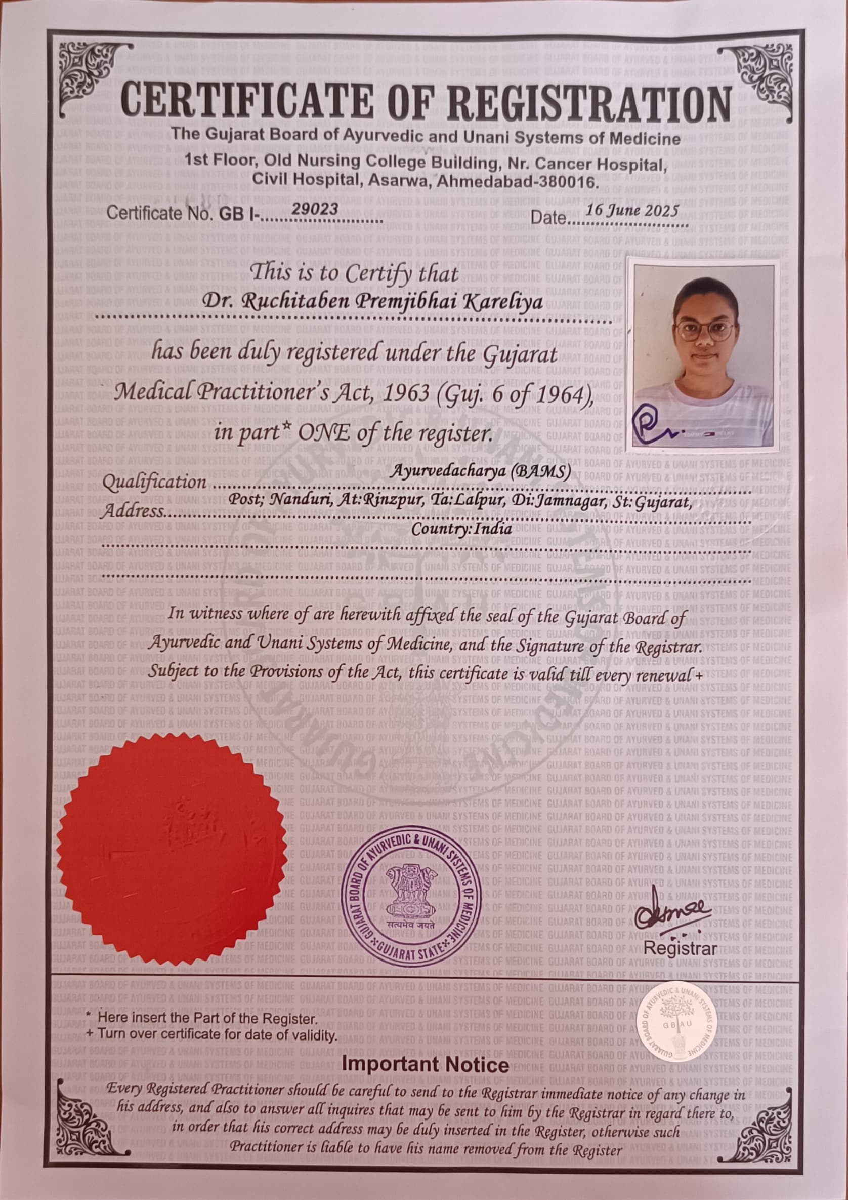 Ayurvedic doctor's certificate