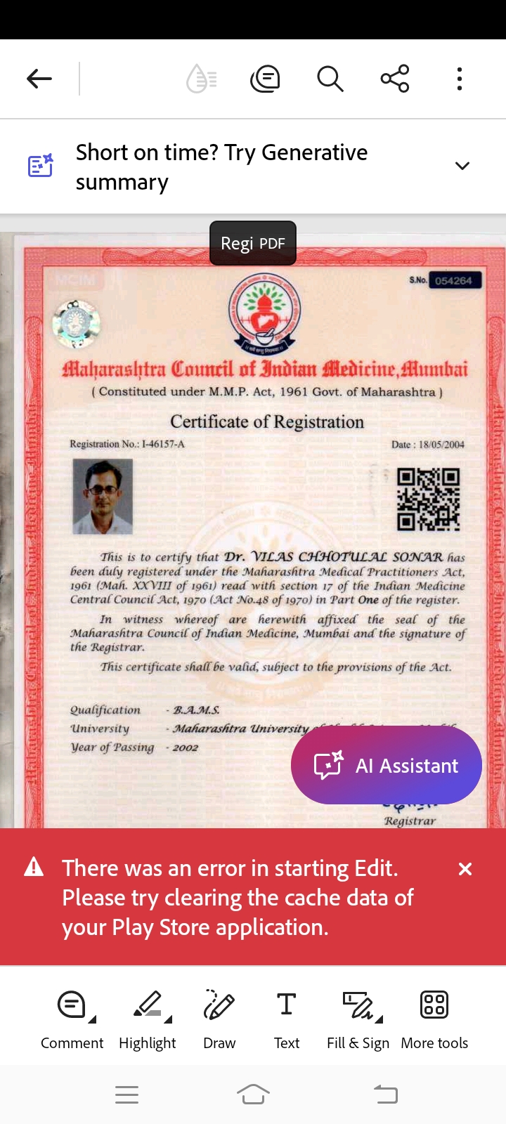 Ayurvedic doctor's certificate