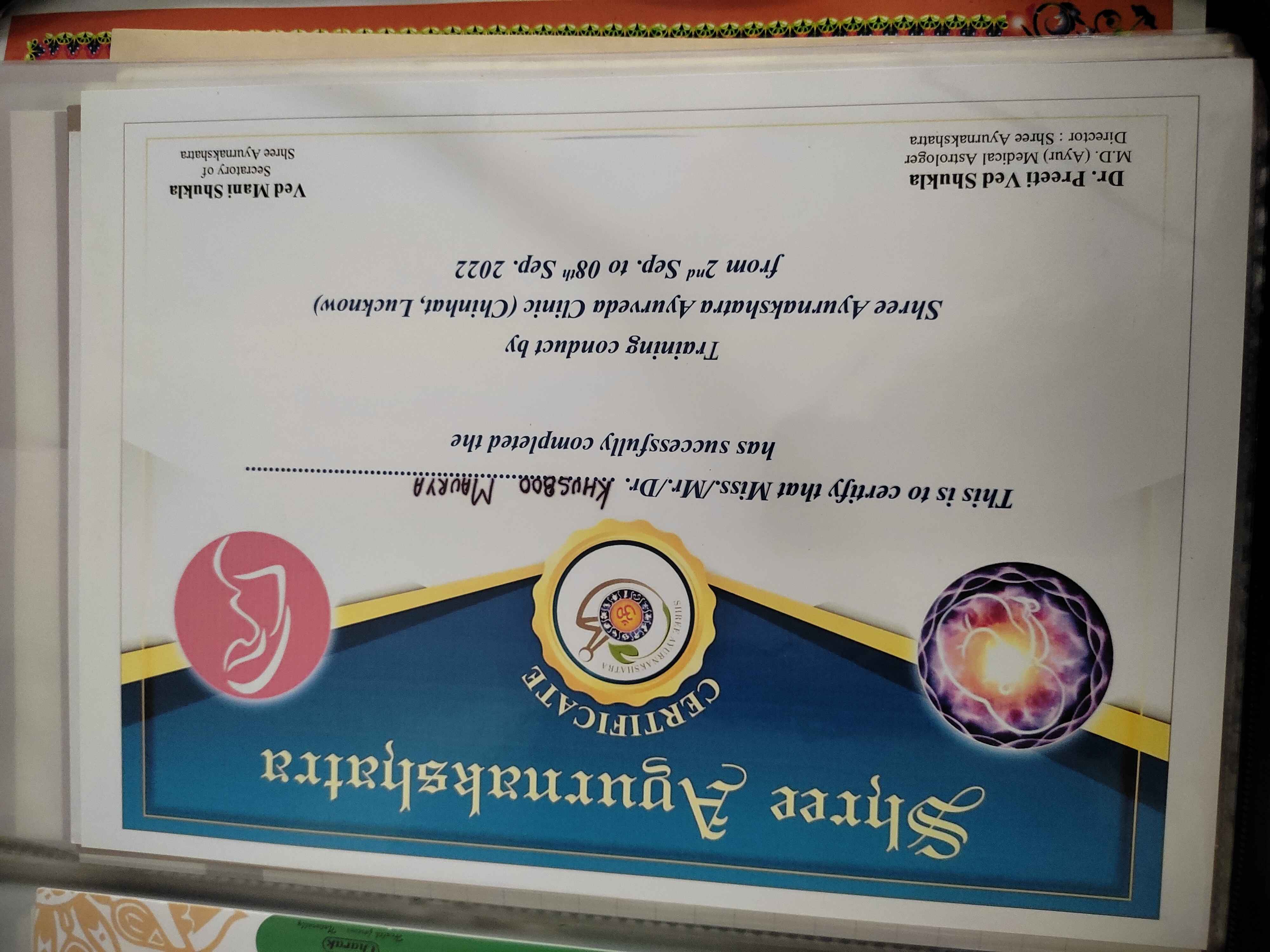 Ayurvedic doctor's certificate