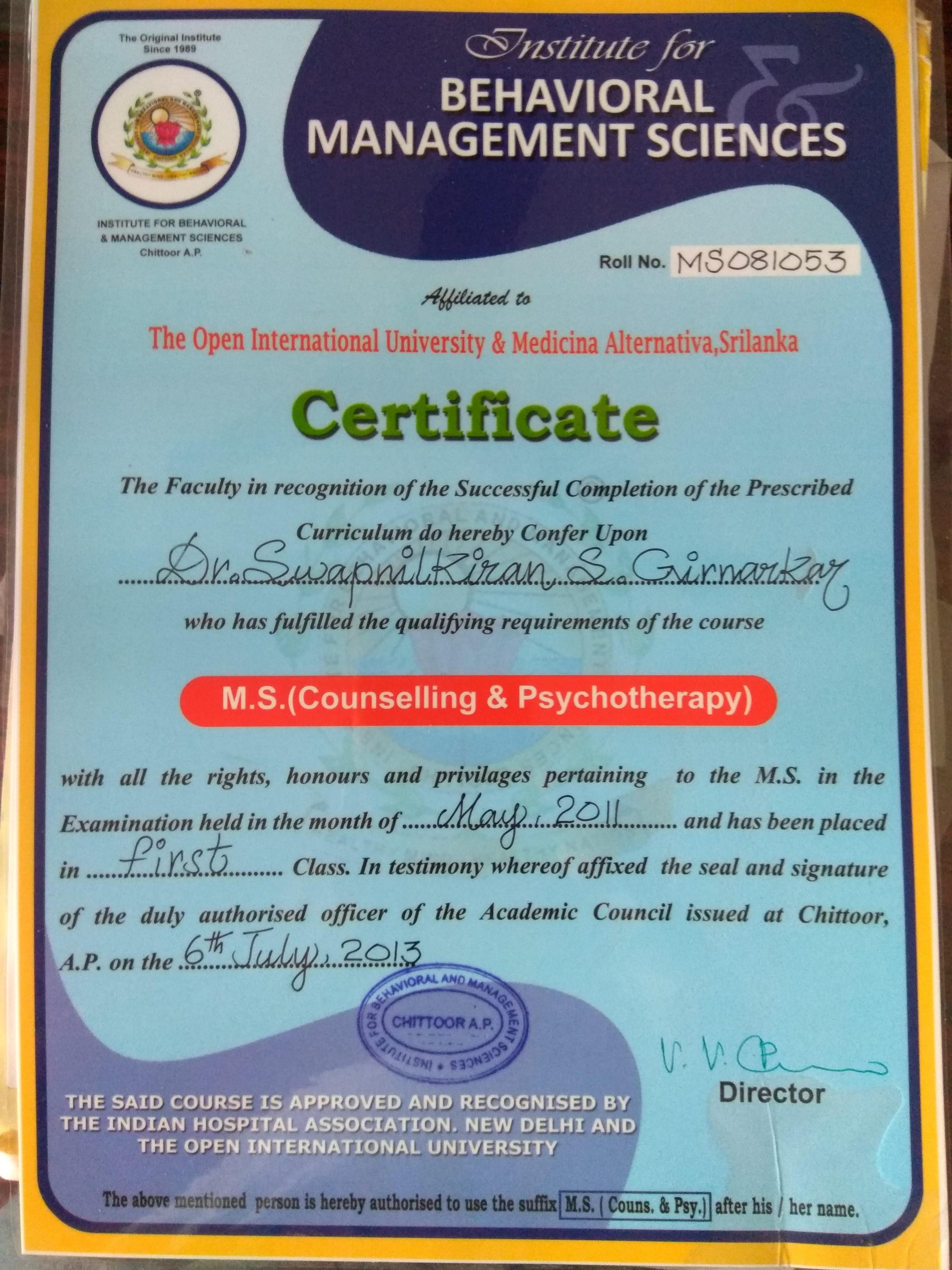 Ayurvedic doctor's certificate