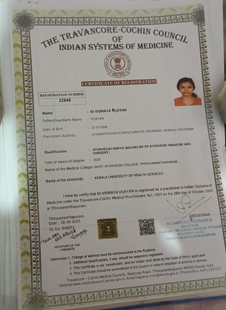 Ayurvedic doctor's certificate