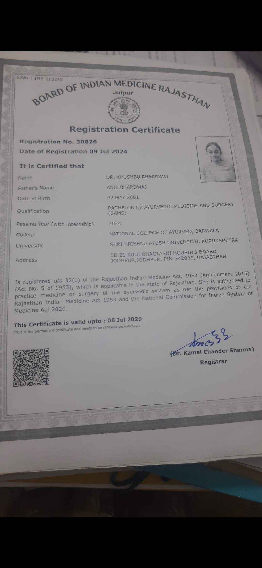 Ayurvedic doctor's certificate