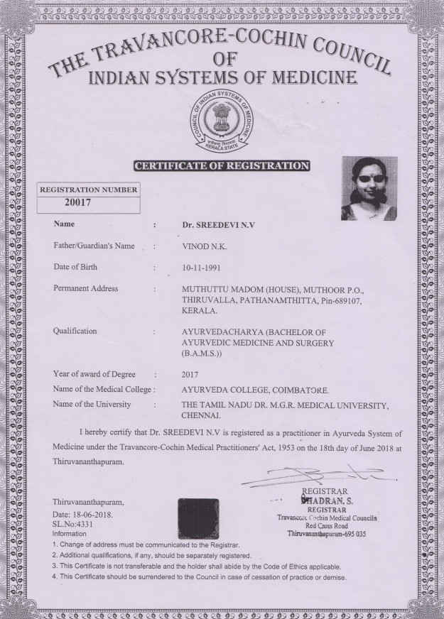 Ayurvedic doctor's certificate