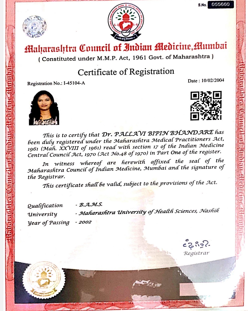 Ayurvedic doctor's certificate