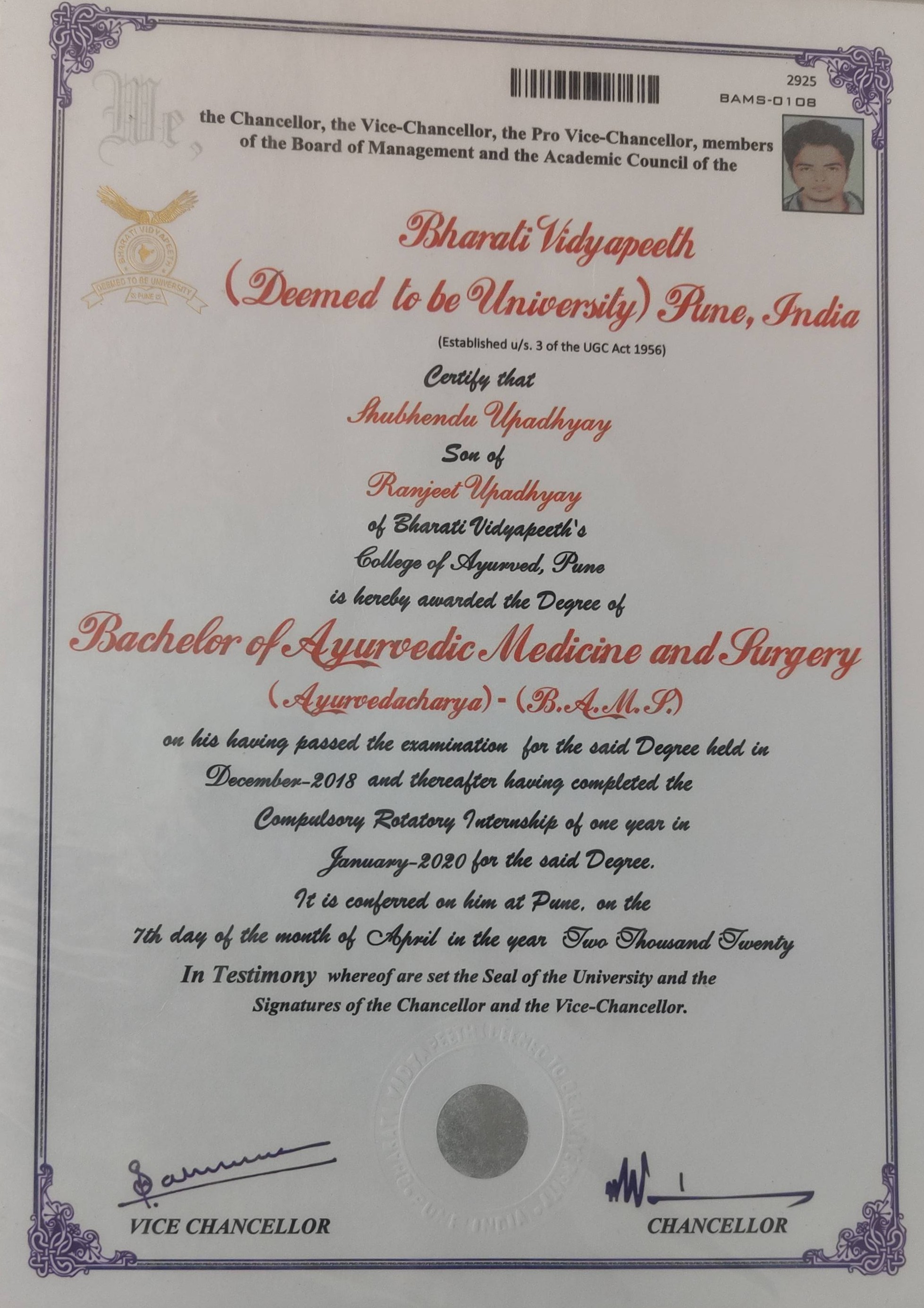 Ayurvedic doctor's certificate