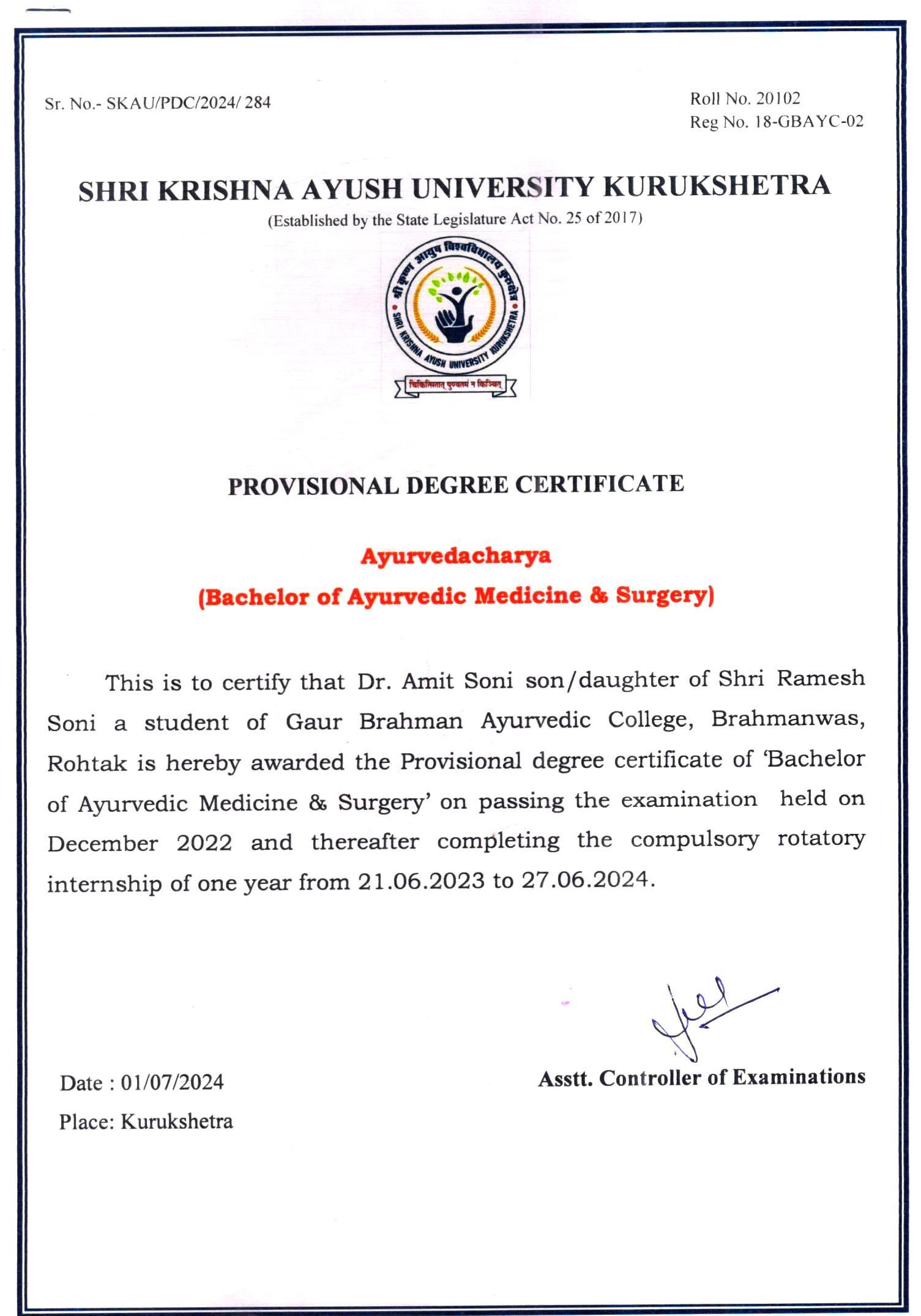 Ayurvedic doctor's certificate