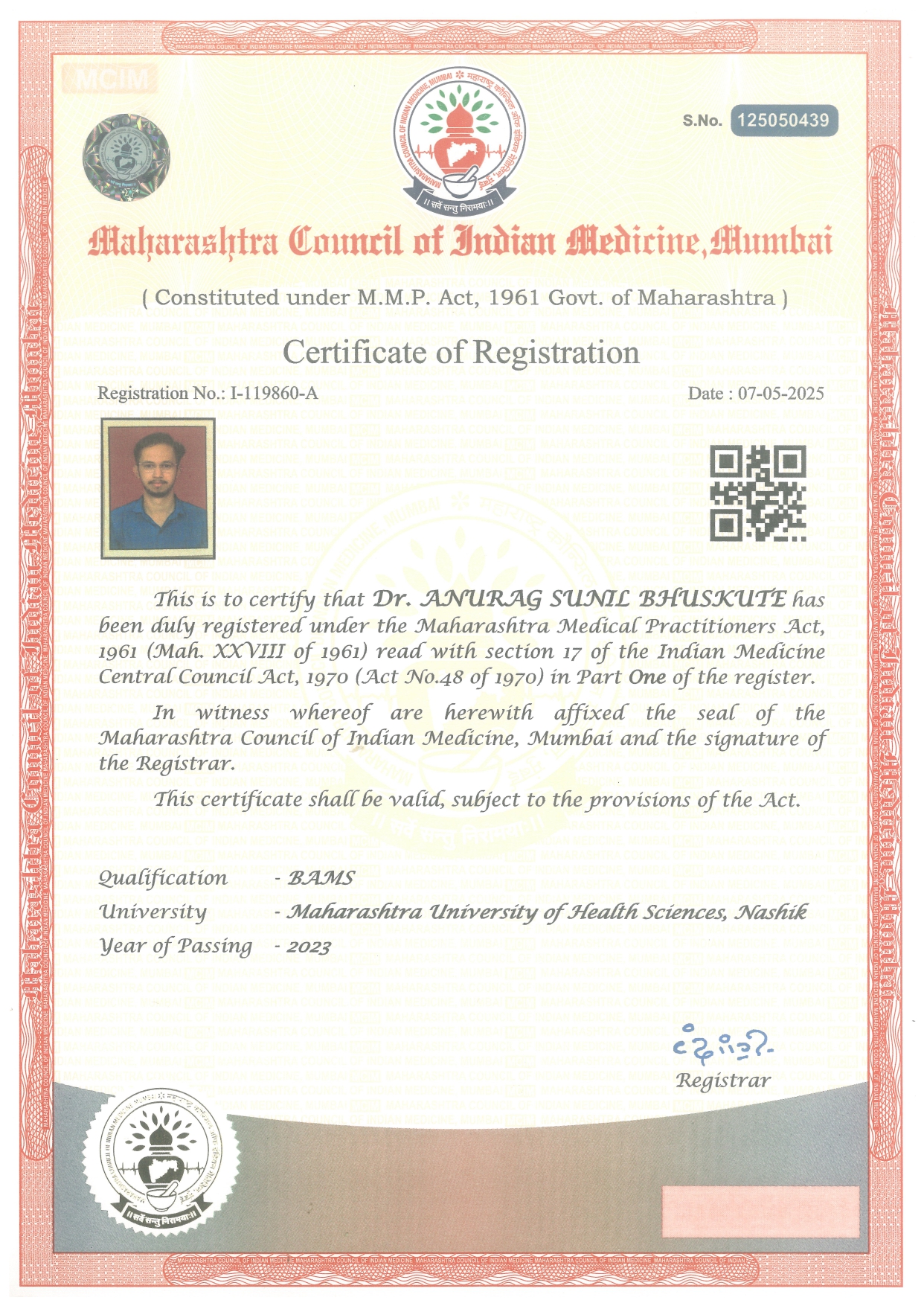 Ayurvedic doctor's certificate