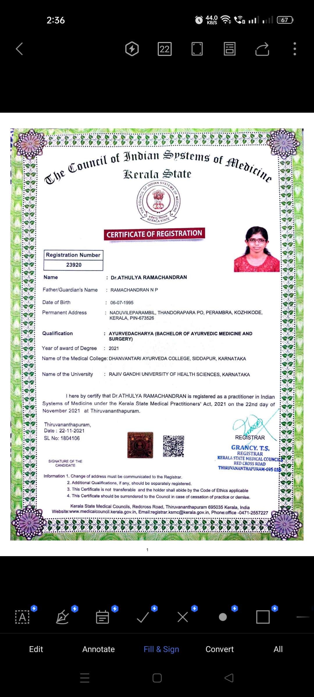 Ayurvedic doctor's certificate