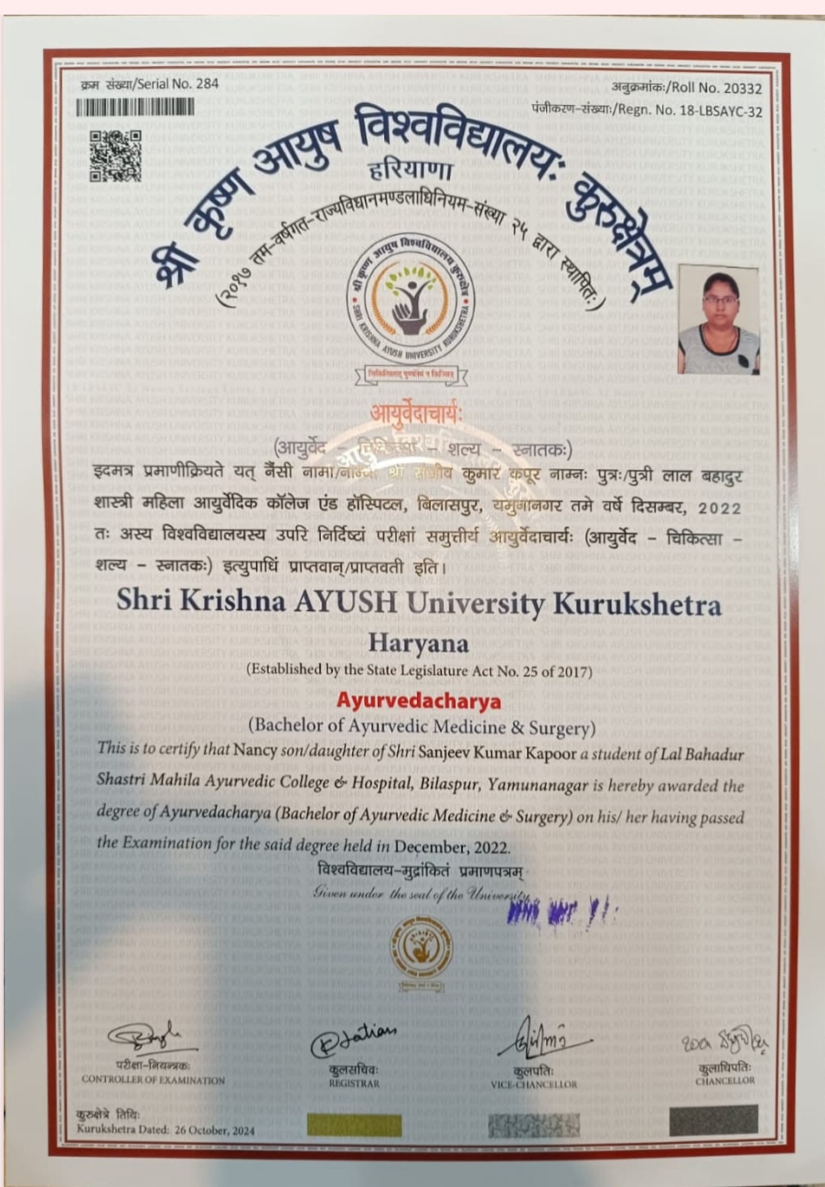 Ayurvedic doctor's certificate