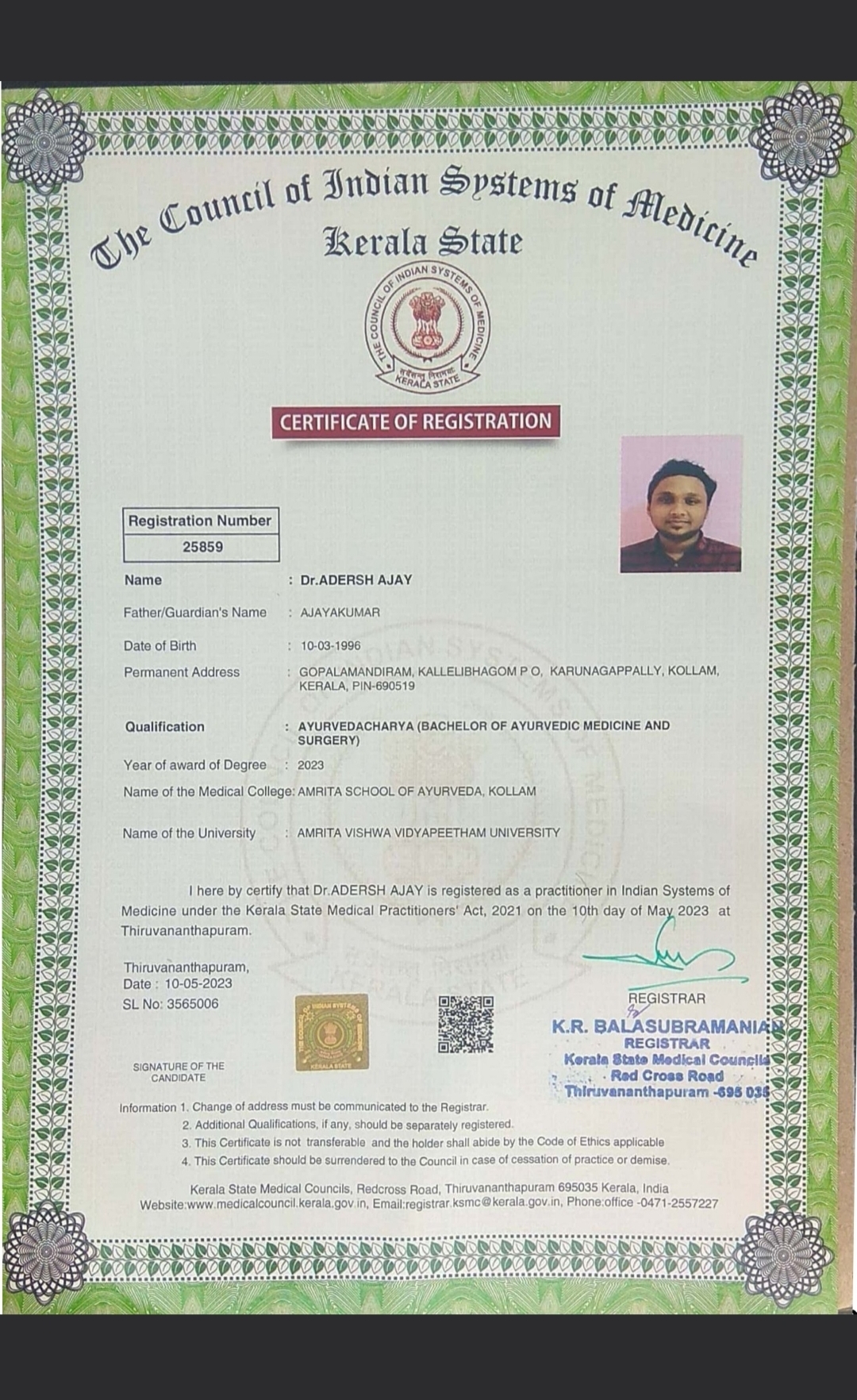 Ayurvedic doctor's certificate