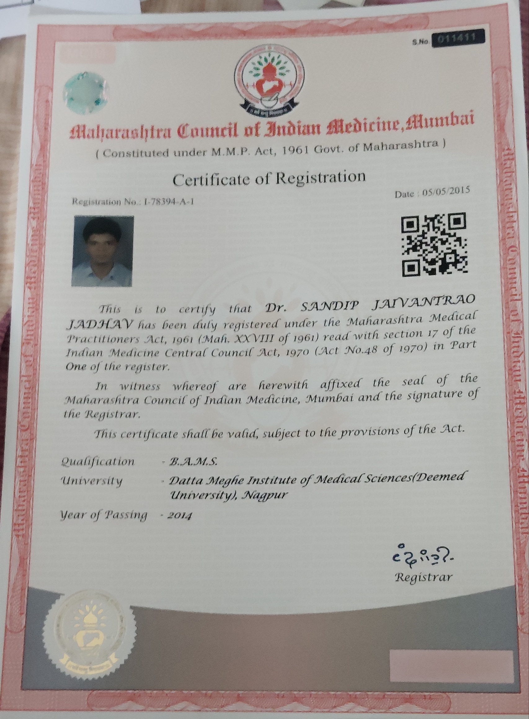 Ayurvedic doctor's certificate
