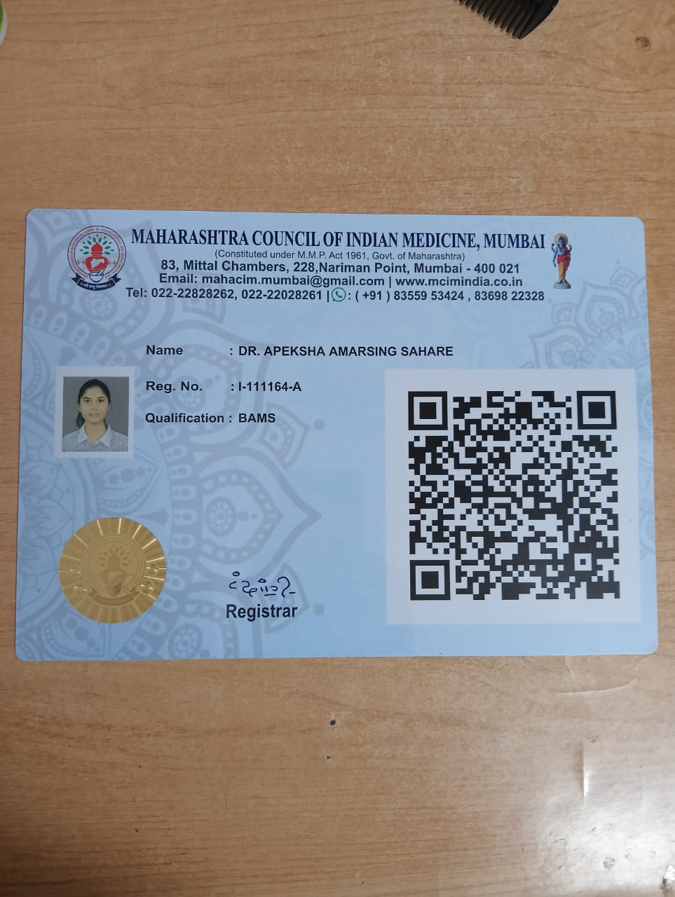 Ayurvedic doctor's certificate