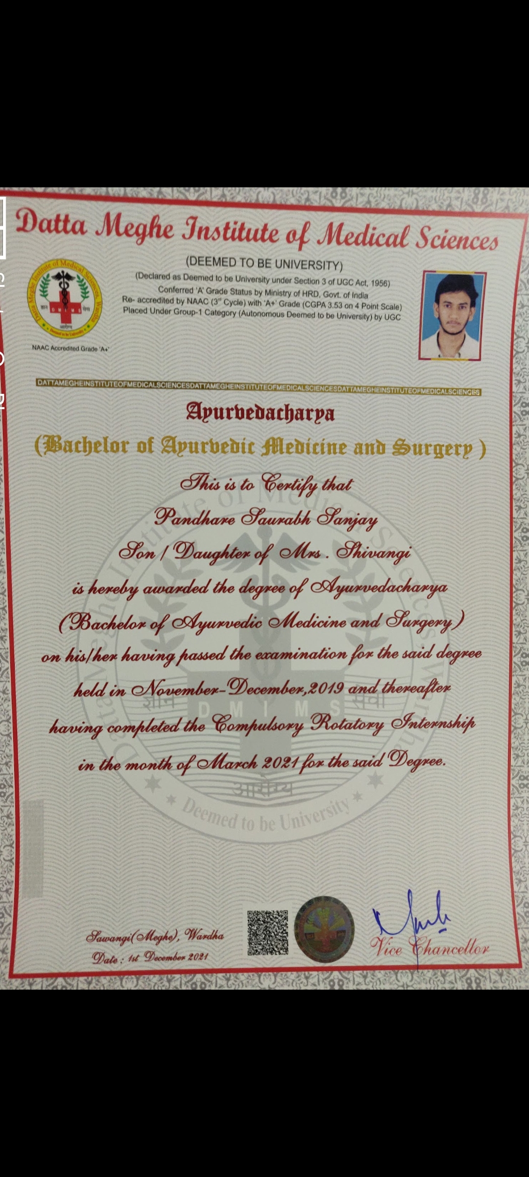Ayurvedic doctor's certificate