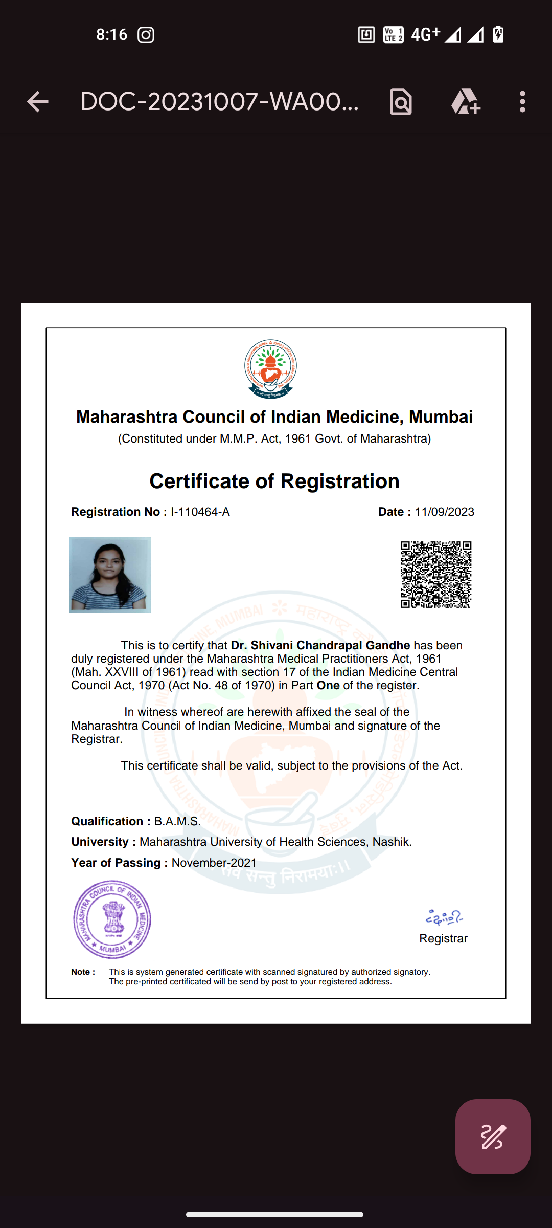 Ayurvedic doctor's certificate
