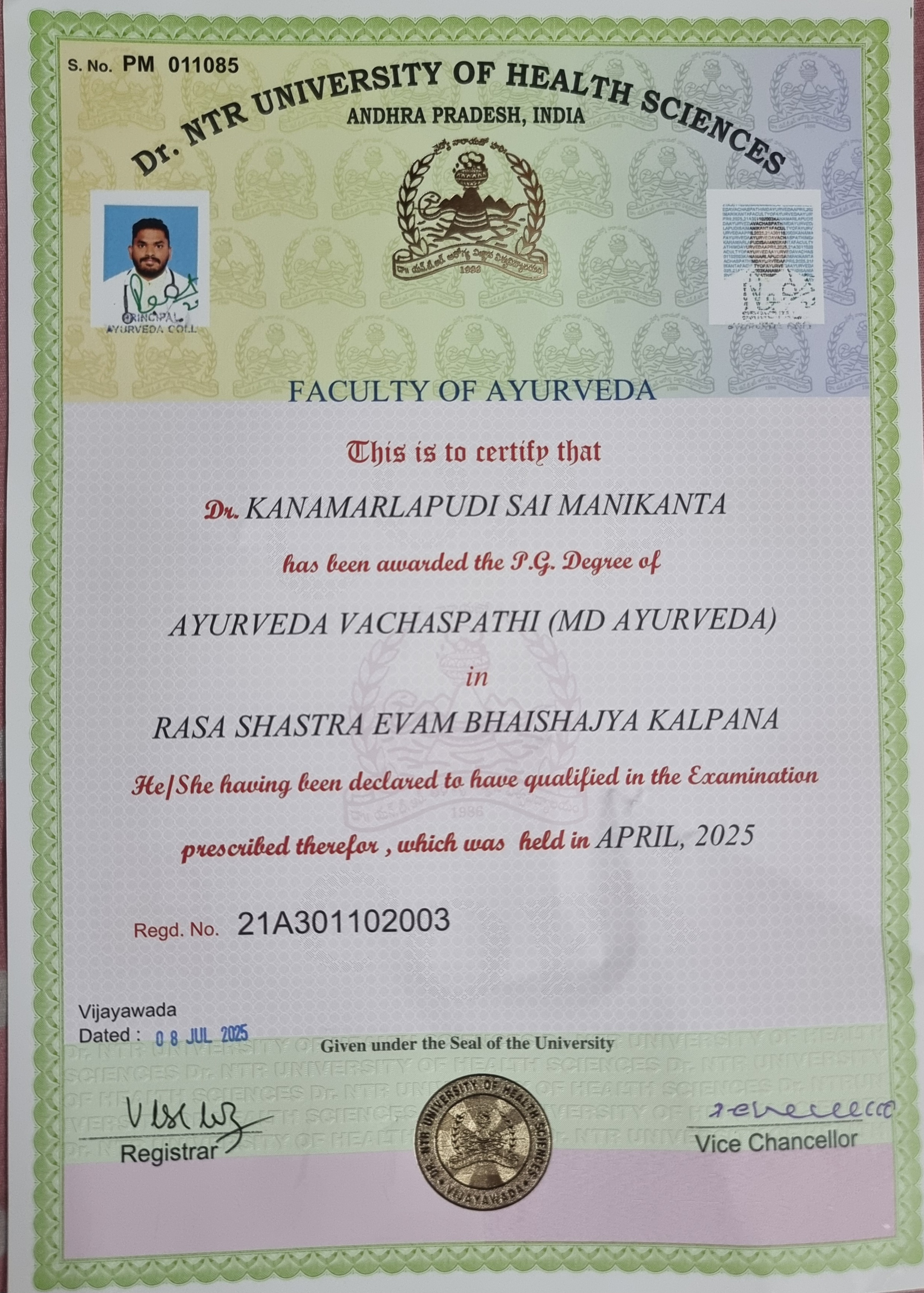 Ayurvedic doctor's certificate